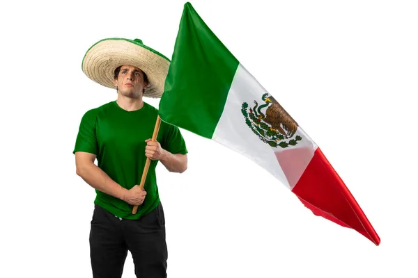 Νεαρός Πατριώτης Μεξικάνος Καπέλο Δασοφύλακα Και Μεξικάνικη Σημαία Χαιρετώντας Σημαία — Φωτογραφία Αρχείου