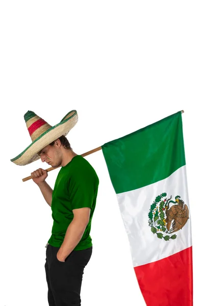Молодой Грустный Человек Шляпе Рейнджера Футбольном Мяче Мексиканском Флаге После — стоковое фото