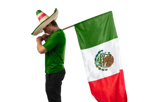 Young Sad Man Ranger Hat Soccer Ball Mexican Flag Football — Stock Photo, Image