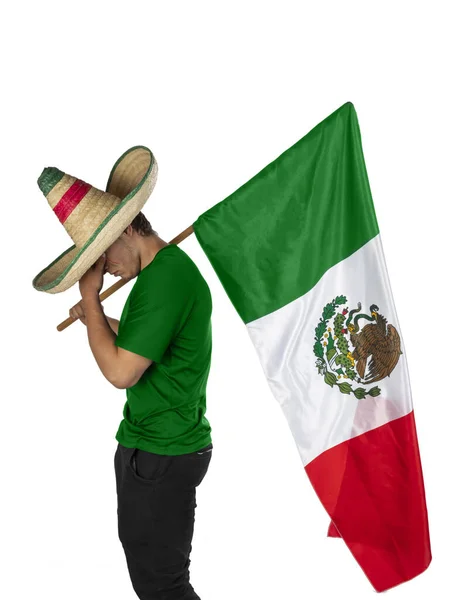 Joven Hombre Triste Con Sombrero Guardabosques Pelota Fútbol Una Bandera —  Fotos de Stock