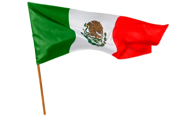 Bandeira Mexicana Acenando Mostrando Emblema Nacional Fundo Branco — Fotografia de Stock