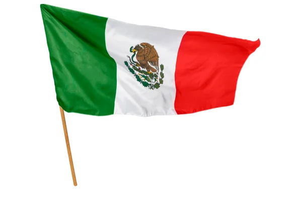 Мексиканский Флаг Размахивающий Показывающий Национальный Герб Белом Фоне — стоковое фото