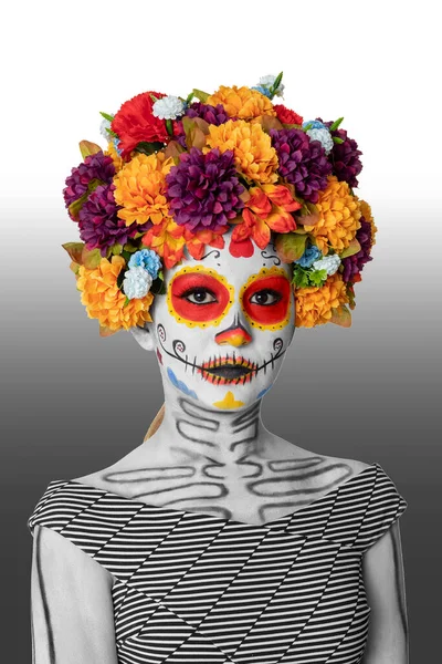 Jeune Femme Mexicaine Avec Costume Typique Maquillage Catrina Pour Fête — Photo