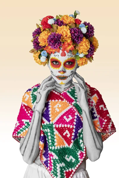 Young Mexican Woman Typical Costume Catrina Makeup Dia Muertos Party — Stock Photo, Image