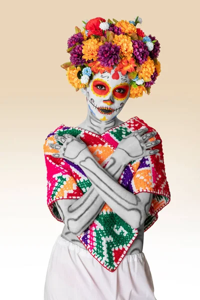 Jeune Femme Mexicaine Avec Costume Typique Maquillage Catrina Pour Fête — Photo