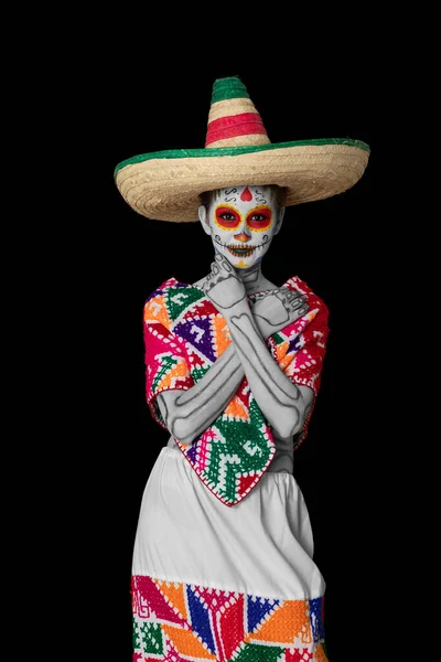 若いですメキシコ人女性とともに典型的な衣装とカトリーナ化粧用ダイア ムエルトスパーティー — ストック写真