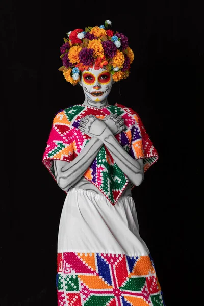 Jeune Femme Mexicaine Avec Costume Typique Maquillage Catrina Pour Fête — Photo