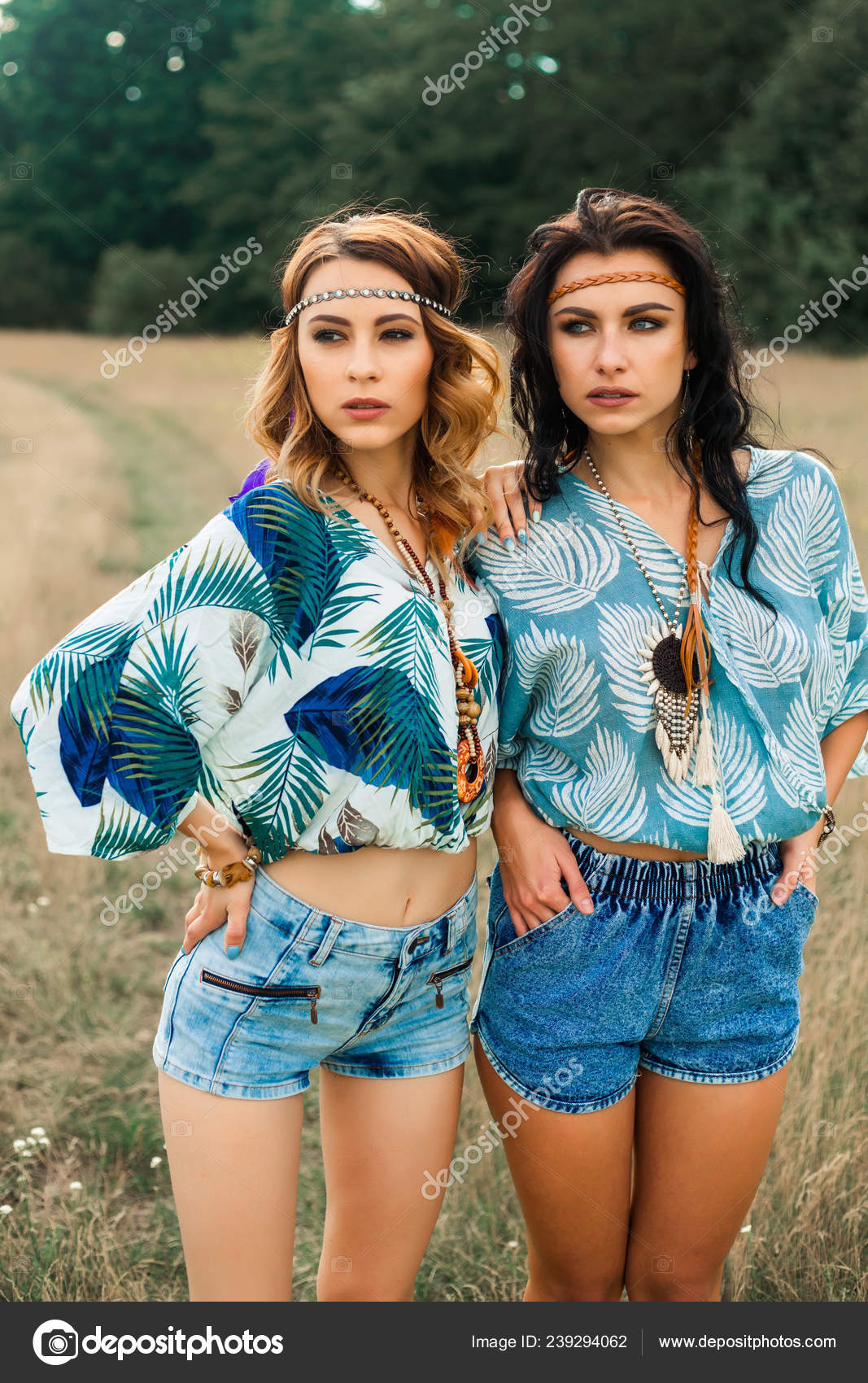 Portrait Of Two Beautiful Hippie Girls Perfect Faces Pensive