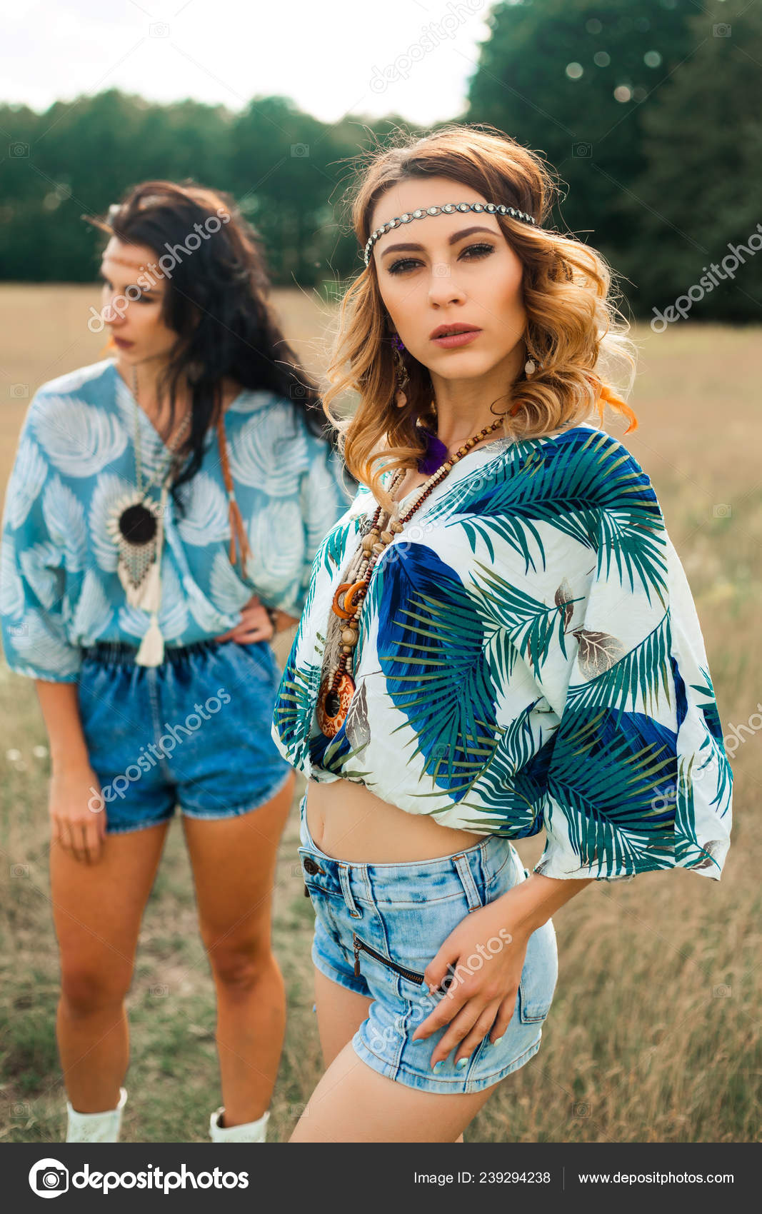 Portrait Of Two Beautiful Hippie Girls Perfect Faces Pensive