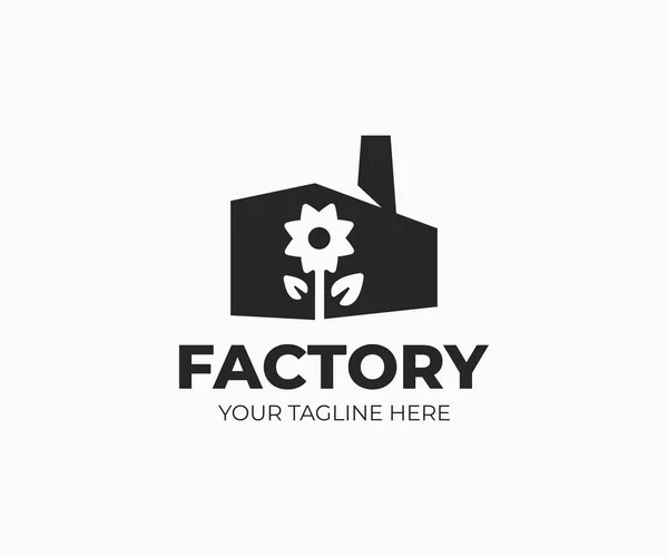 Květina Továrna Logo Šablona Vektor Květinovým Vzorem Farmy Tovární Budovy — Stockový vektor