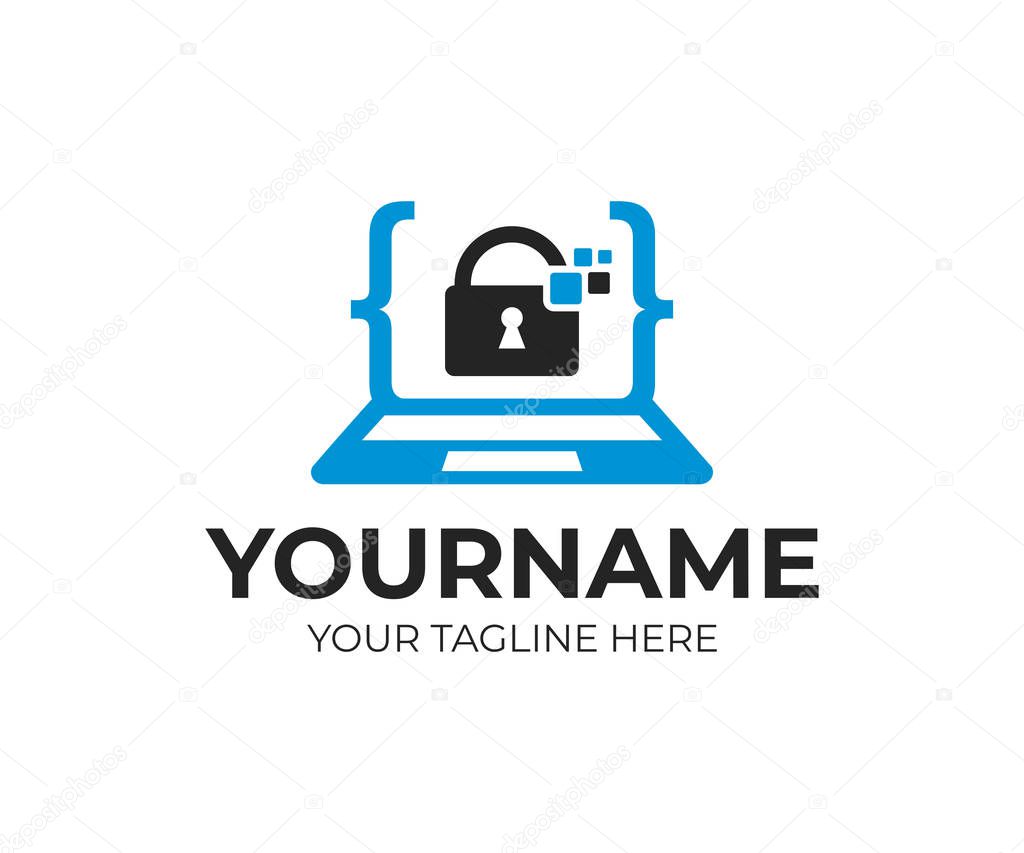 Digital security, anti hacking and coding, laptop with lock inside and pixels, logo template. Internet security and data protection, vector design, illustration