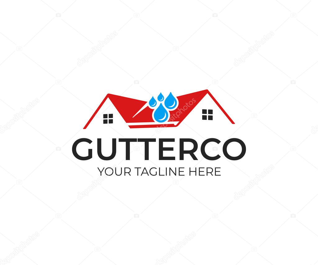 Rain gutter and house roof logo template. Roof downspout vector design. Gutter services logotype