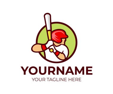 Beyzbol, beyzbol sopası, logo şablonu beyzbol oyuncusu tutuyor. Spor ve profesyonel beyzbol, spor oyuncu bir dairede, tasarım, illüstrasyon vektör