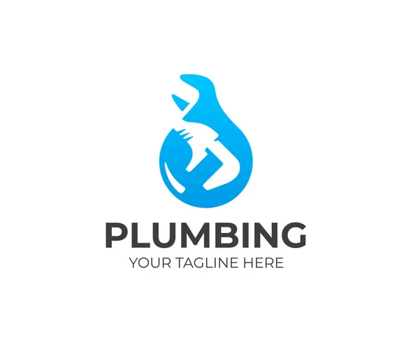 Plumbing Repair Service Logo Template Adjustable Wrench Water Drop Vector — Stock Vector