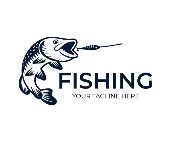 Fishing, fish pike attack wobbler, logo template. Freshwater fish northern pike (Esox lucius), pickerel, underwater animal and wildlife, vector design, nature illustration — Stock Illustration Fishing Fish Pike Attack Wobbler Logo Template Freshwater Fish Northern Royalty Free Stock Vectors