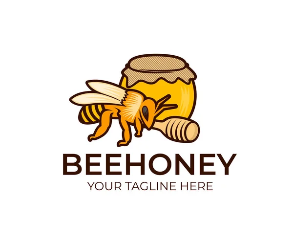 Biene Honig Glas Und Hölzerner Honigwagen Logovorlage Imkerei Bienenzucht Und — Stockvektor