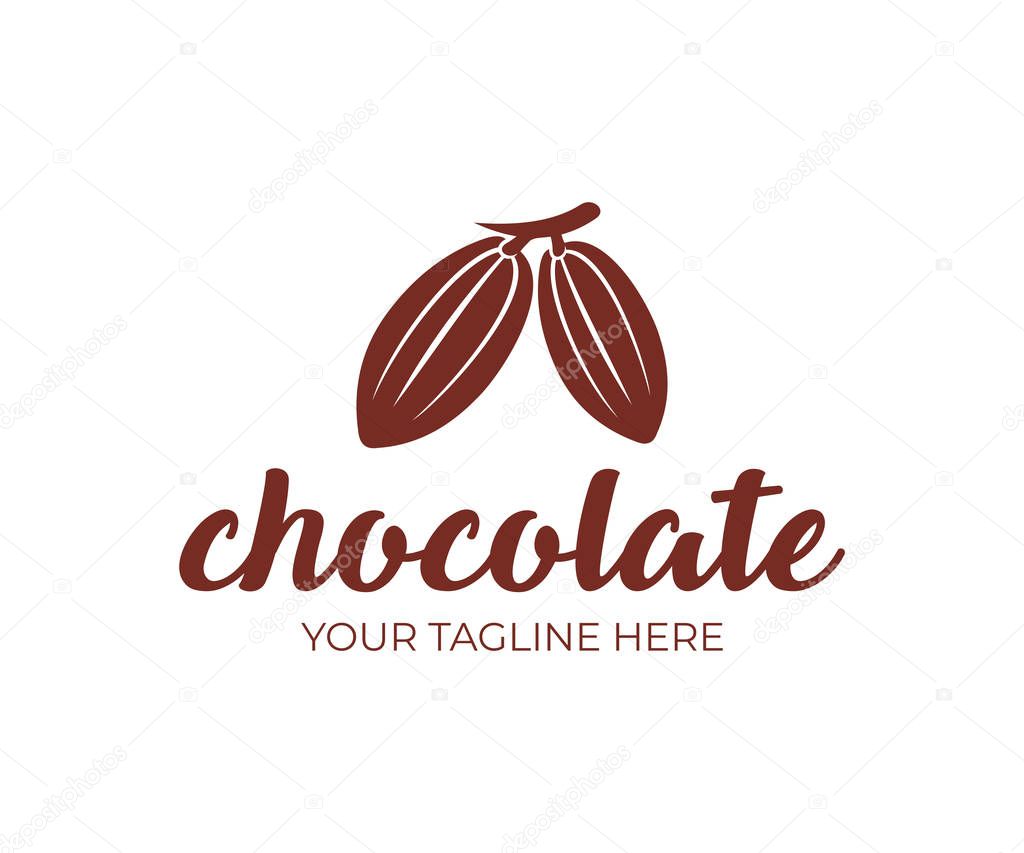 Chocolate, cocoa fruits hang on a branch, logo template. Chocolate cocoa beans, cocoa pod and plant cacao, vector design. Nature and food, illustration