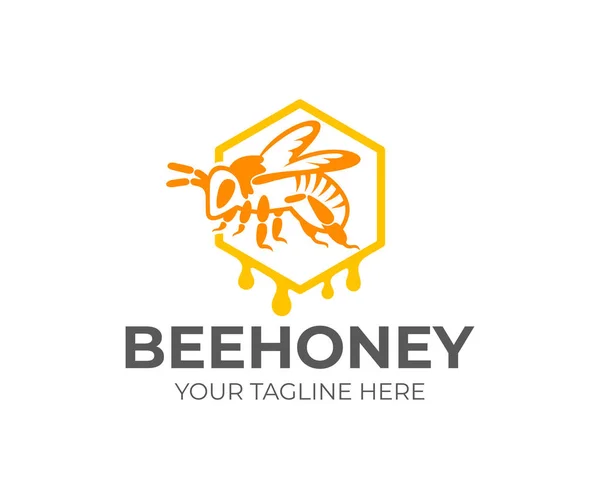 Biene Sitzt Waben Und Tropft Honigtropfen Logo Design Imkerei Bienenzucht — Stockvektor