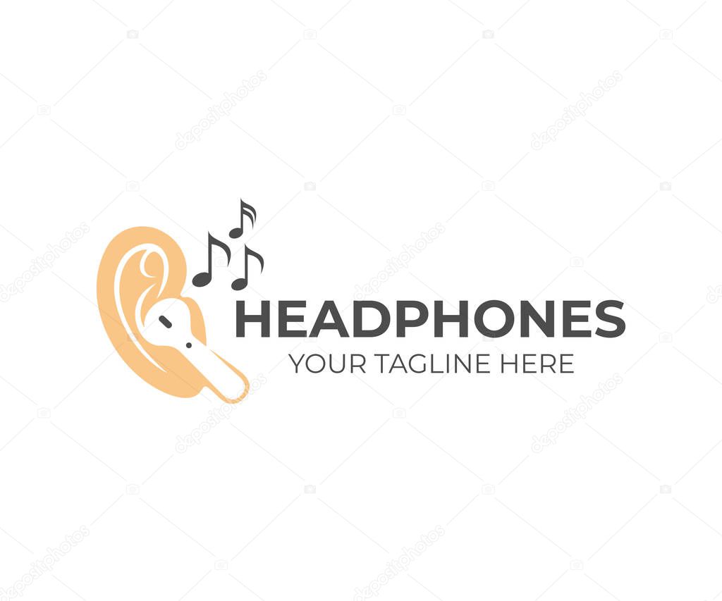 Wireless headphones in ears with musical notes around, logo design. Music, sound and device, vector design and illustration