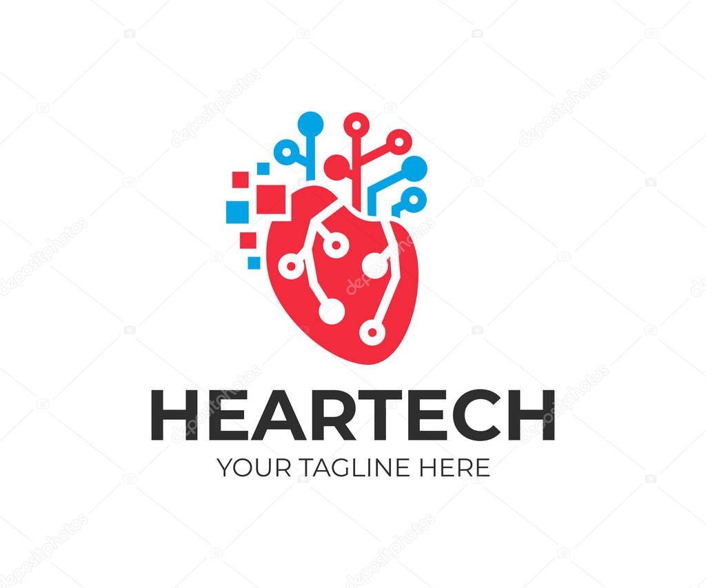 Artificial intelligence and technology, human heart with digital pixels and circuits electronics grid, logo design. Technology CPU Mind and communications, vector design and illustration