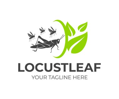 Locust and flock of grasshoppers with leaves and rotation, logo design. Agriculture and agricultural, farm and farming, food and plant, animal and insect, vector design and illustration clipart