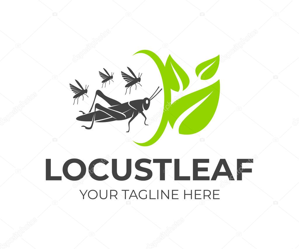 Locust and flock of grasshoppers with leaves and rotation, logo design. Agriculture and agricultural, farm and farming, food and plant, animal and insect, vector design and illustration