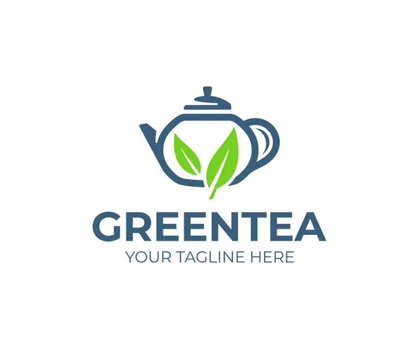 Yeşil Çay Logo Tasarımı Çaydanlık Yaprakları Vektör Tasarımı Ile Çayevine — Stok Vektör