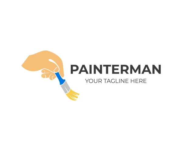 Painter Hånd Holder Børste Maler Med Pensel Logodesign Bygning Reparasjon – stockvektor