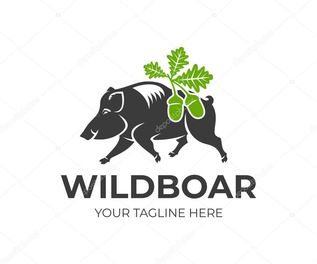 Wild boar and oak leaves with acorns, logo design. Animal, hunting, nature and wildlife, vector design and illustration
