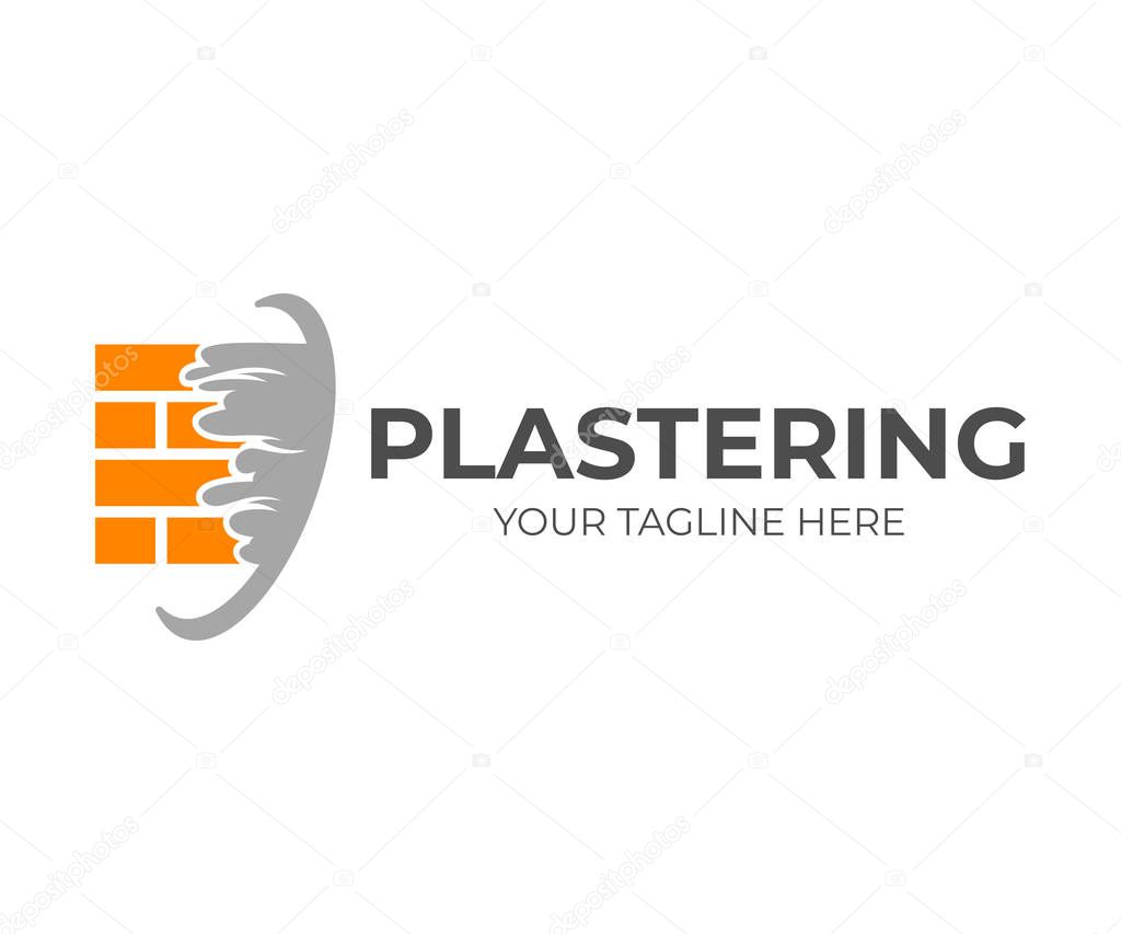 Brick wall with plaster or plastering, logo design. Construction, repair and finishing works, vector design and illustration