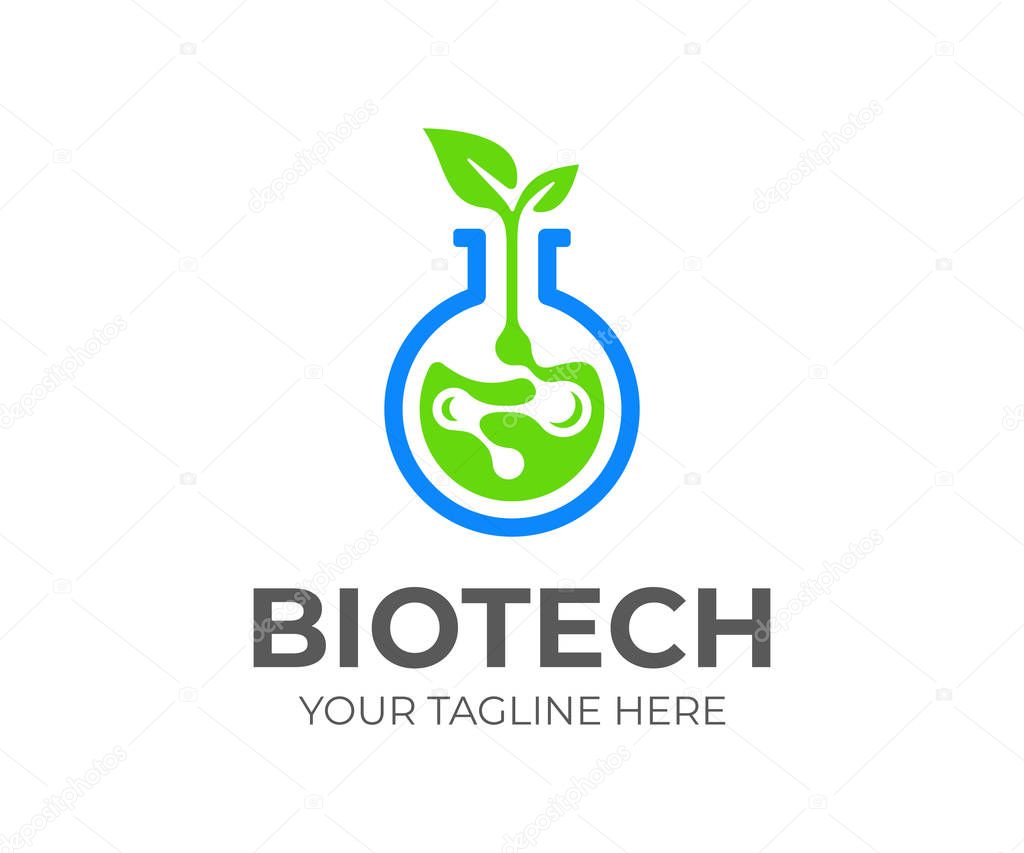 Biotech logo design. Biochemistry connections vector design. Laboratory flask with plant logotype