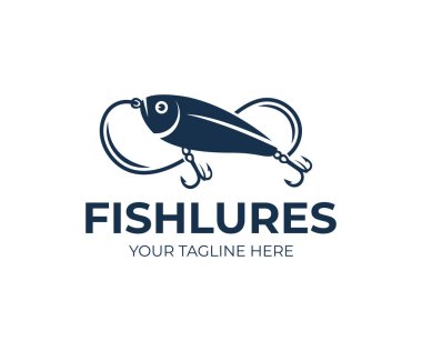 Fishing lures and fish lures, fish, fishing line and hooks, logo design. Animal, wildlife and angling on nature or river, vector design and illustration clipart