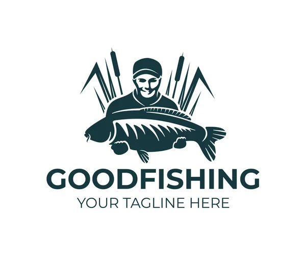 Pesca Pescatore Tiene Pesce Carpa Piedi Nelle Canne Logo Design — Vettoriale Stock