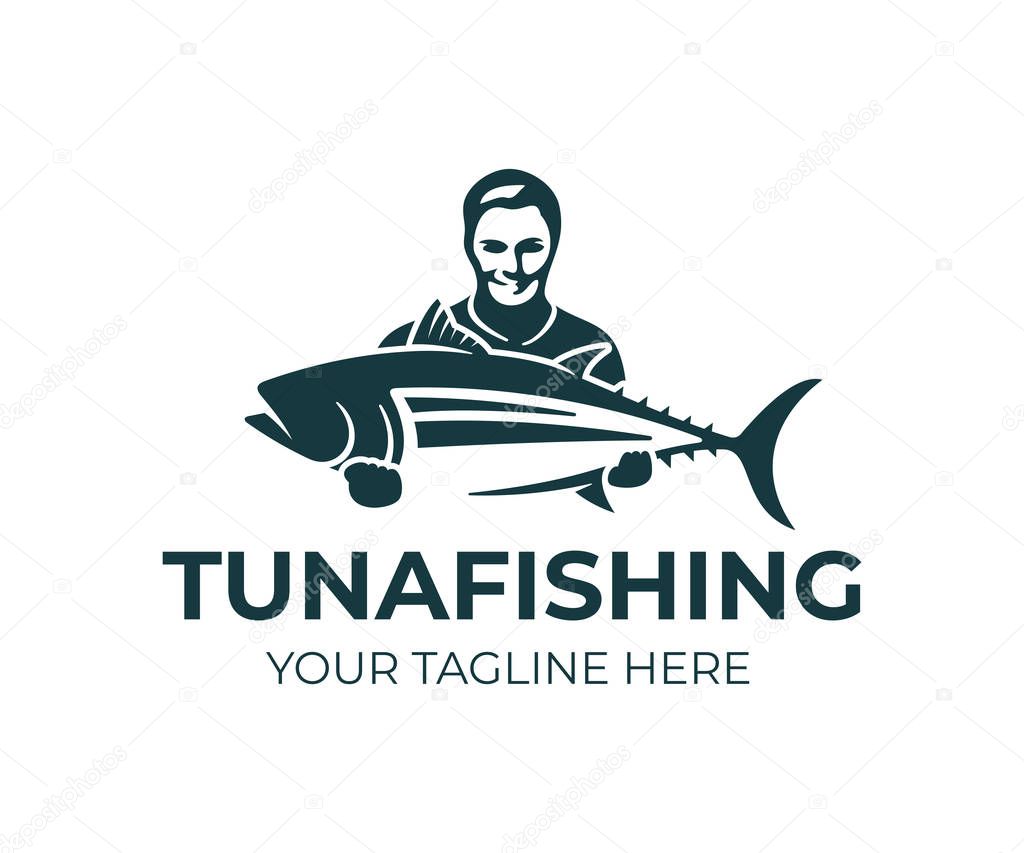 Fishing, fisherman holds tuna fish, logo design. Fishing sport club and angler, nature, animal and underwater life, vector design and illustration