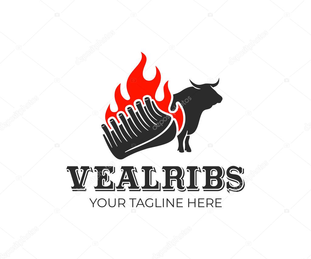 Barbecue, smoked veal ribs and bull with fire or bonfire, logo design. Grill, kitchen, food and cooking, vector design and illustration