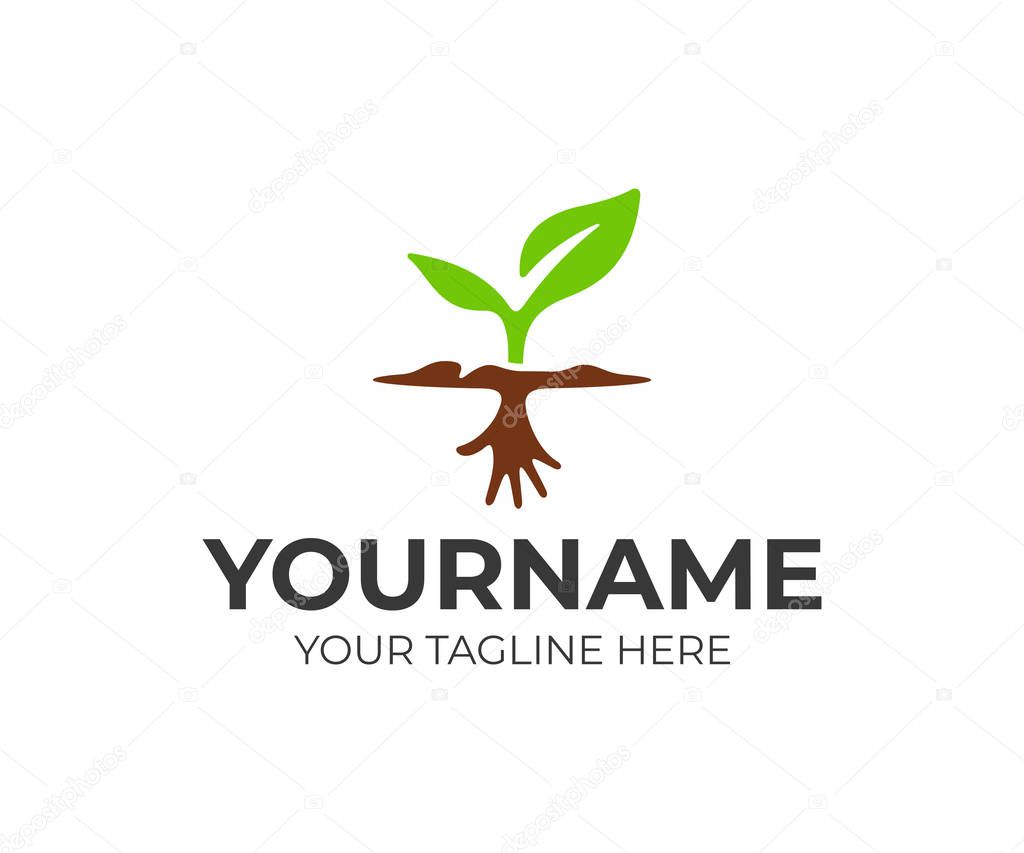 Sprout with hand roots logo design. Plant on the ground vector design. Green growth logotype