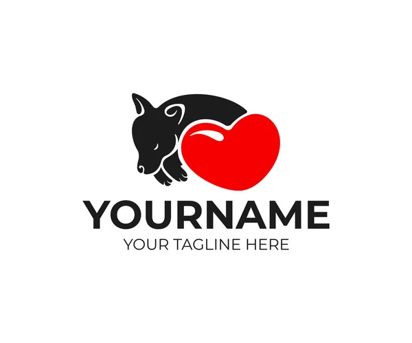 Cão Adormecido Com Coração Design Logotipo Cuidados Com Animais Estimação — Vetor de Stock
