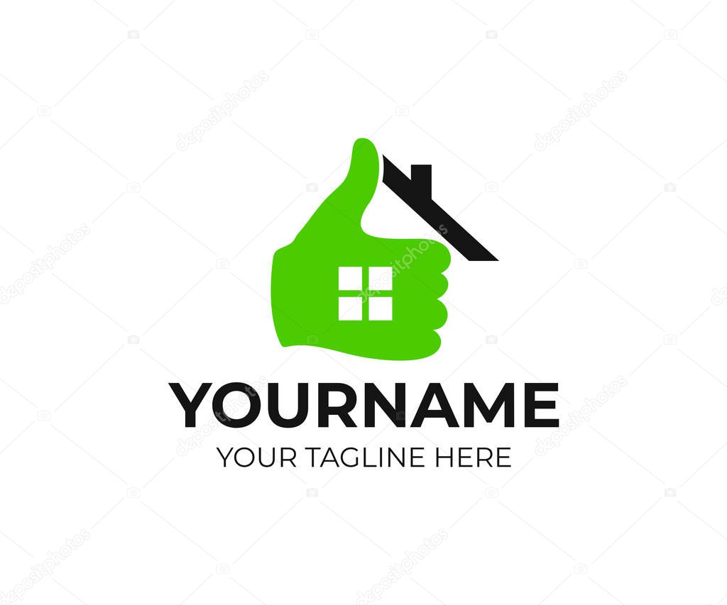 Real estate, home, house, hand and thumb up, logo design. Realtor, real property and construction, vector design and illustration