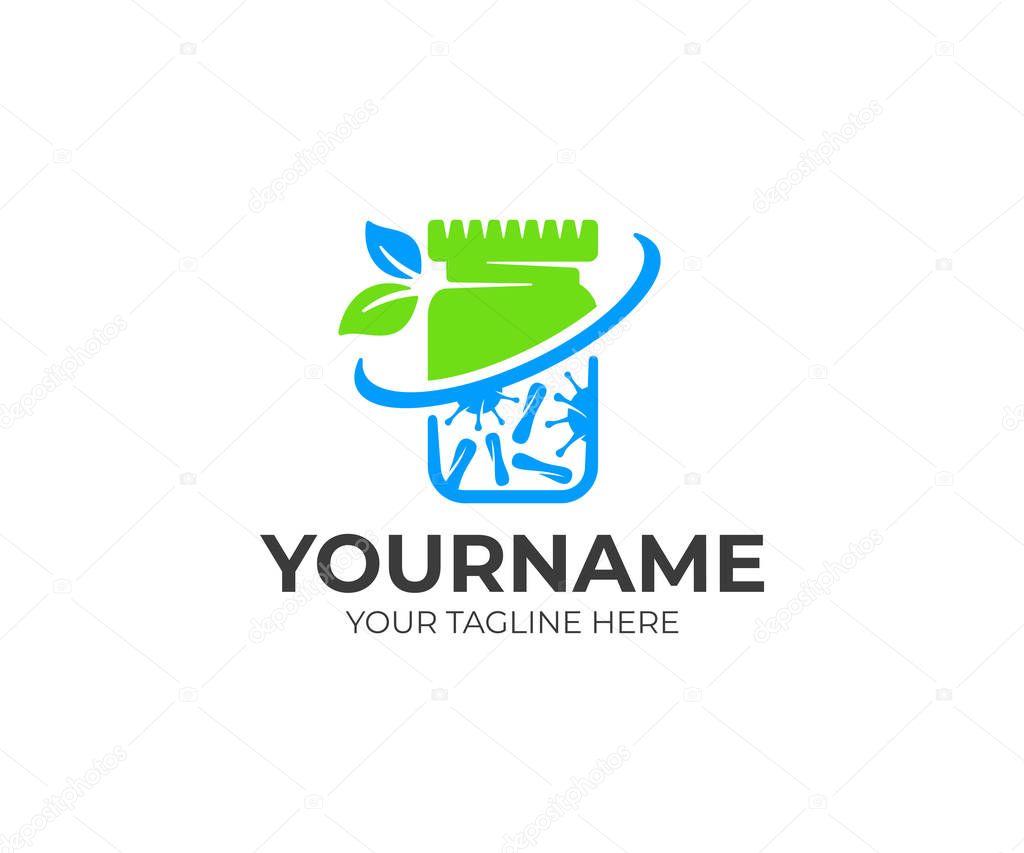 Probiotic pill bottle and medical pharmaceutical with leaves, logo design. Health, healthcare and medical pharmacy, vector design and illustration