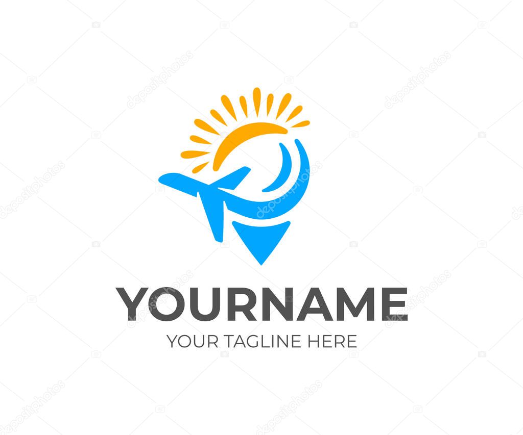 Travel and tourism, pin or location, airplane or plane and sun, logo design. Traveling, point, pointer, marker and position, vector design and illustration