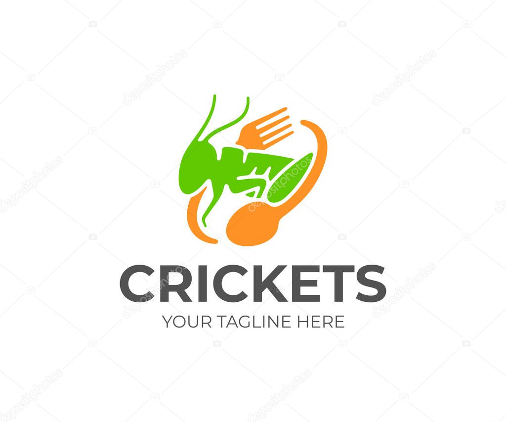 Cricket food logo design. Cricket farming vector design. Locust, fork and spoon logotype