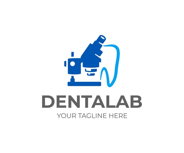 歯科顕微鏡のロゴデザイン 歯科実験室ベクトル設計 歯のロゴタイプが付いている歯科用具 — ストックベクタ