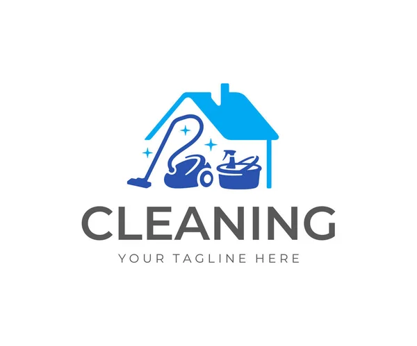 房屋清洁服务标志设计 房子有吸尘器 水桶和清洁产品矢量设计 弹簧清洁徽标类型 — 图库矢量图片