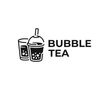 Milk bubble tea drink logo design. Beverage with tapioca balls vector design. Fruit drink and tapioca pearls logotype clipart