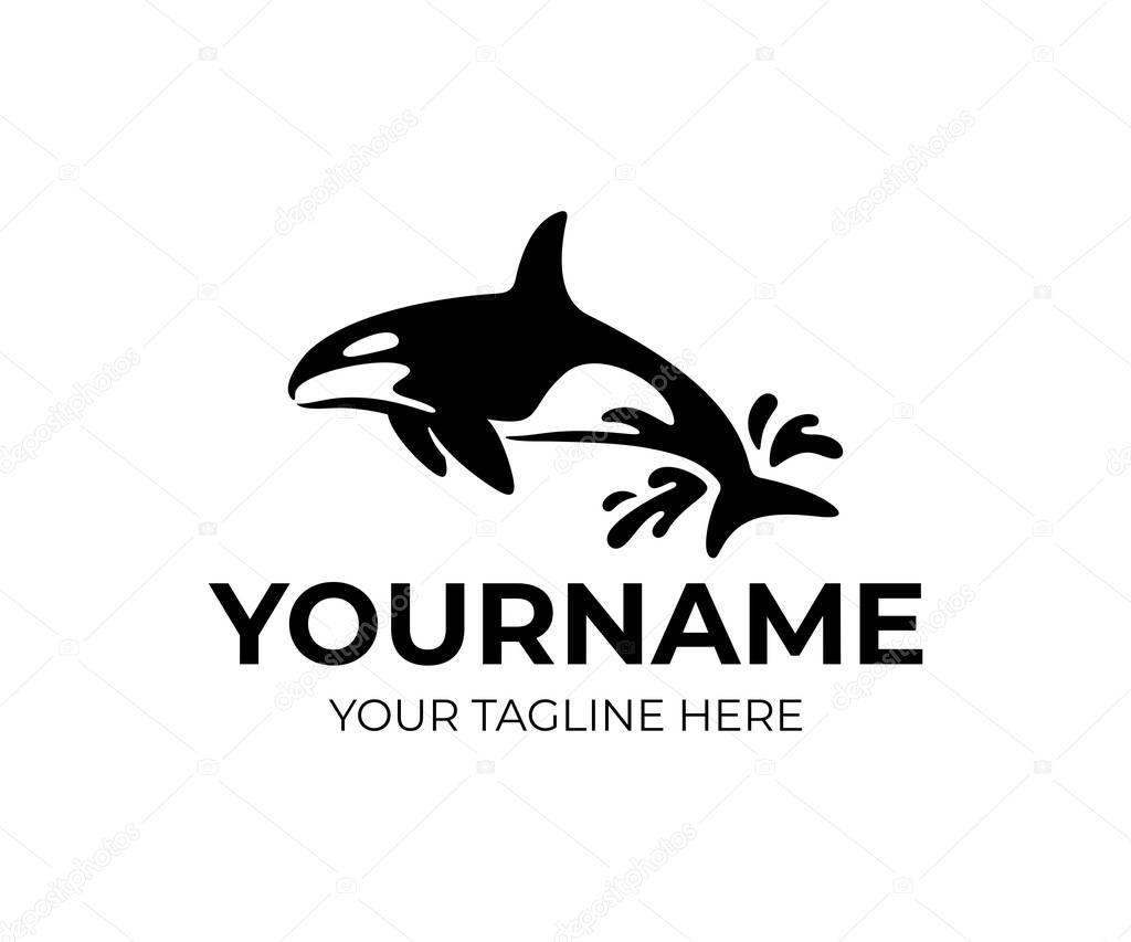Killer whale jumping out of water with drops, logo design. Animal, fish, mammal and underwater life, vector design and illustration