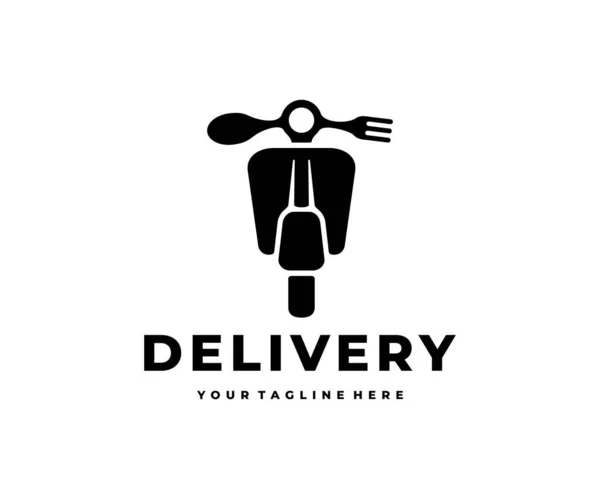 Delivery Food Scooter Motorcycle Fork Spoon Logo Design Transport Restaurant — Stock Vector