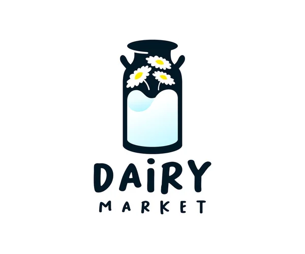 Молочні Банки Молоком Квітами Дизайн Логотипу Молочна Продовольча Коров Яча — стоковий вектор