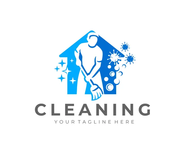 Süpürgesi Olan Bir Adam Temizliği Temizlik Servisi Logo Tasarımı Temizleme — Stok Vektör