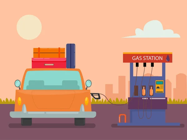 Auto Met Bagage Bij Tankstation — Stockvector