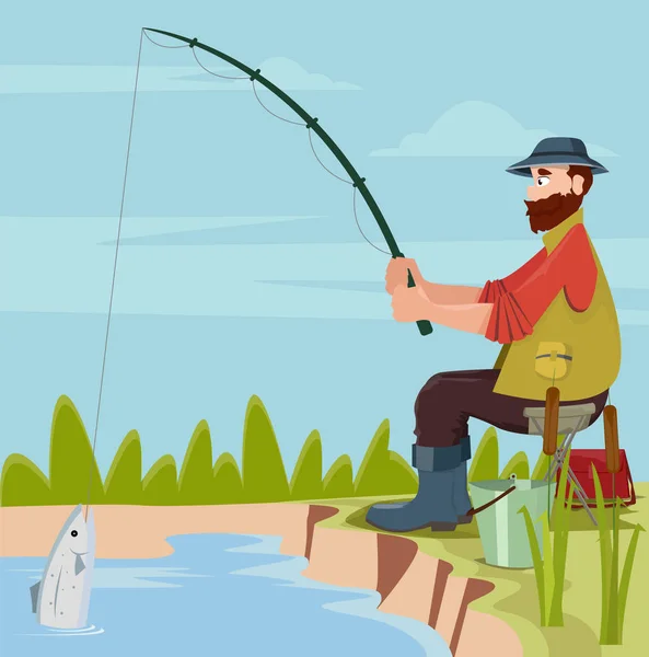 Fisherman Fishing Lake — Stock Vector